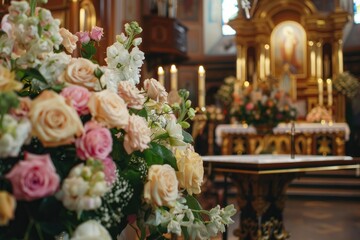 church with fresh flowers, candles, funeral ceremony - obrazy, fototapety, plakaty