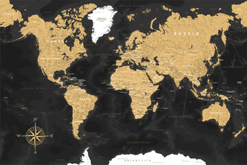 World Map - Highly Detailed Vector Map of the World. Ideally for the Print Posters. Black Golden Retro Style. With Relief and Depth