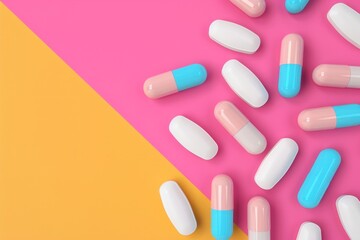Color capsule tablets on vertical flat colored background