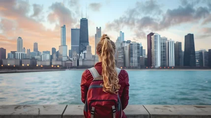 Meubelstickers Wanderlust gazing at the Chicago skyline from the Adler Planetarium,contemplative pose,back view,panoramic composition,daylight,afternoon,high depth © vanilnilnilla