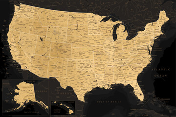 United States - Highly Detailed Vector Map of the USA. Ideally for the Print Posters. Black Golden Retro Style