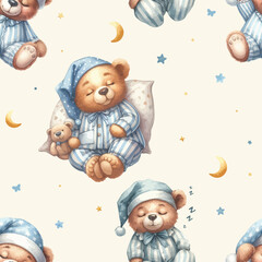 Obraz na płótnie Canvas Seamless pattern with Cute watercolor sleeping bear.