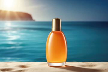 an orange bottle of sunscreen on the beach with palm trees