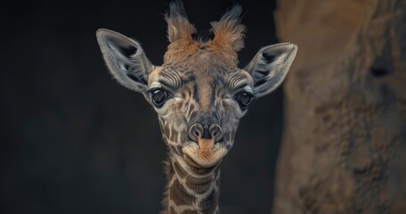 Gentle giraffe face, long lashes, unique patterns on fur, calm demeanor. 