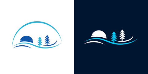 Pine tree river lake blue logo - obrazy, fototapety, plakaty