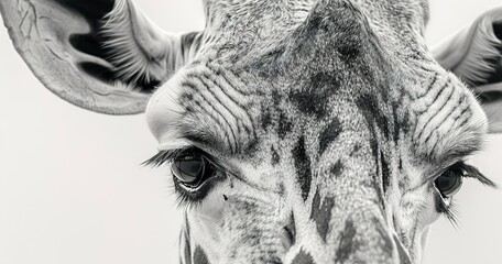 Gentle giraffe face, long lashes, unique patterns on fur, calm demeanor. - obrazy, fototapety, plakaty