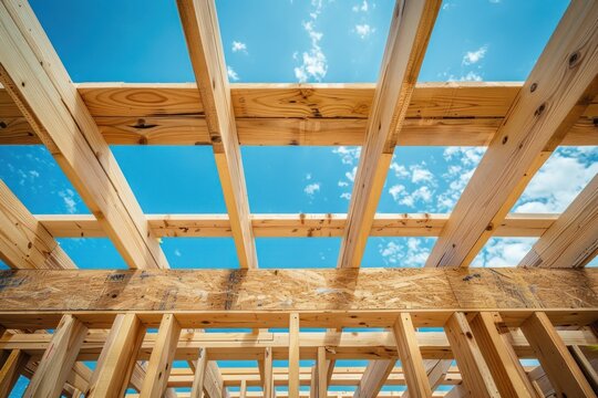 Construction of a wooden country house, supports from wooden beams on blue sky background