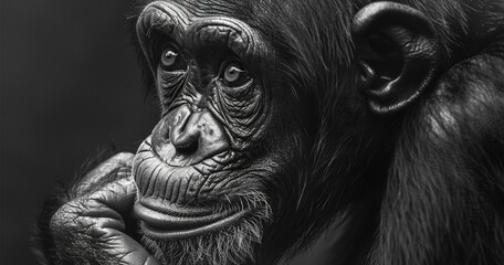 Pensive chimpanzee, deep in thought, detailed facial expressions, close-up. 