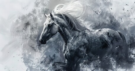 Elegant horse with a soft gaze, mane perfectly tousled, noble spirit. 