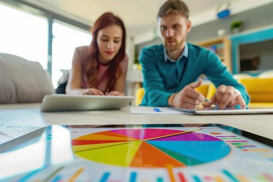marketing professionals discussing over a color wheel chart on tablet - Powered by Adobe