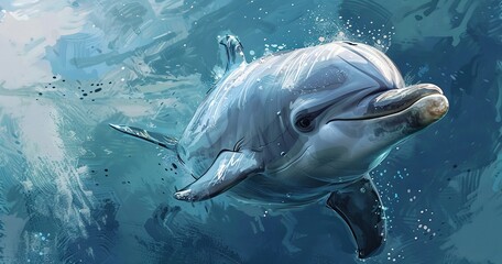Benevolent dolphin smiling, eyes sparkling with intelligence, aquatic grace. 