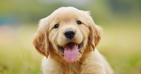 Joyful golden retriever puppy, tongue out, eyes full of happiness and life. 
