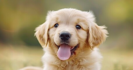 Joyful golden retriever puppy, tongue out, eyes full of happiness and life.