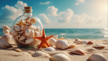 Seaside Serenity Panoramic Summer Beach with Seashells and Starfish