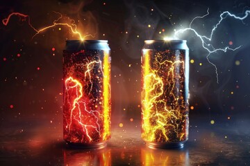 energy drink in an aluminum can. Energy drink with lightning and flashes