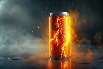 energy drink in an aluminum can. Energy drink with lightning and flashes - obrazy, fototapety, plakaty