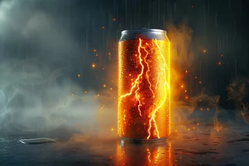 Foto op Plexiglas energy drink in an aluminum can. Energy drink with lightning and flashes © Anna