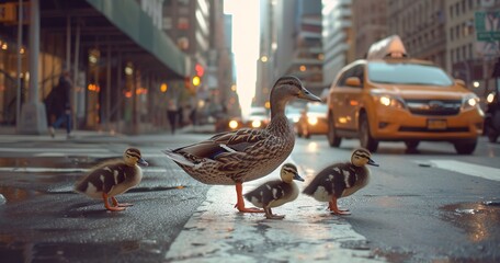 Duck family crossing a busy city street, unexpected urban visitors.  - obrazy, fototapety, plakaty