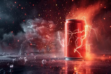 energy drink in an aluminum can. Energy drink with lightning and flashes