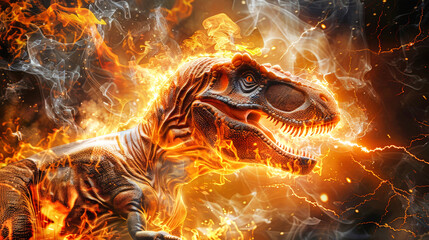 Close-up of a dinosaur exhaling flames ferociously, showcasing its fire-breathing abilities