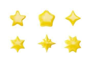 Different yellow star shapes realistic 3d vector set, glossy volume badge, golden rating star icon, ui game achievement