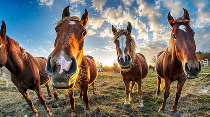 A group of horses, with varying coat colors, are peacefully standing on a lush, green grass-covered field under a clear blue sky