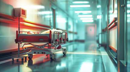 A hospital bed is positioned in the middle of a hallway, creating an obstruction in the passage