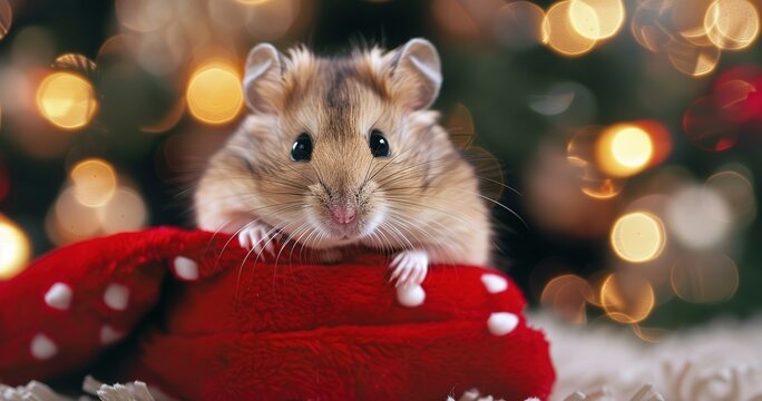 Hamster peeking out of a Christmas stocking, festive and adorable. 