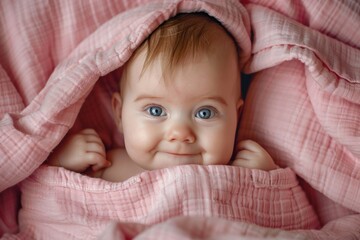 Cut little happy baby hiding under pink blanket