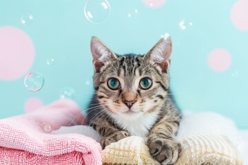 Cat with Towels and Soap Bubbles