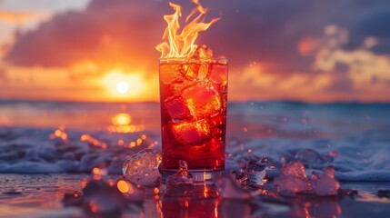 A glass of red drink with ice cubes and a lit candle on top. The drink is on a beach with the sun setting in the background - obrazy, fototapety, plakaty