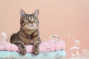 Cat with Towels and Soap Bubbles