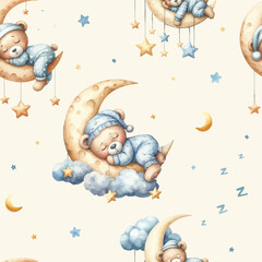 Seamless pattern with Cute watercolor sleeping bear on moon and cloud.