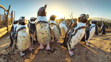 A collection of penguins standing closely next to each other