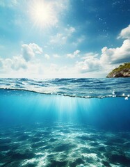 Fototapeta na wymiar Blue sea or ocean water surface and underwater with sunny and cloudy sky 