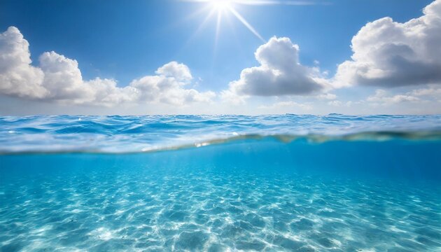  Blue sea or ocean water surface and underwater with sunny and cloudy sky 