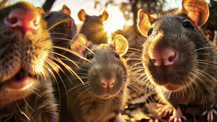 A collection of mice standing closely aligned next to each other