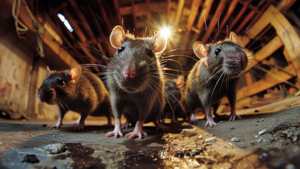 Multiple mice sitting together on top of a bare dirt field