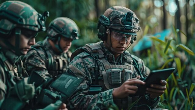 AI technology in the army. Warfare analytic operator checking coordination of the military team. Military commander with a digital tablet device with artificial intelligence operating troops outdoors.