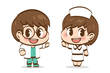 Characters of a male doctor and a female nurse are introducing various information by extending their hands to each other.