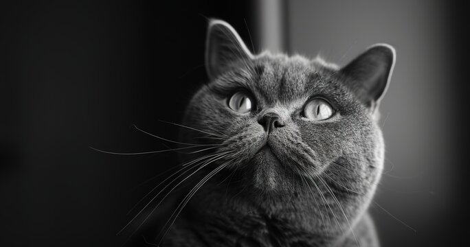 British Shorthair cat staring with deep, round eyes, expression full of wisdom, detailed fur and whiskers. 
