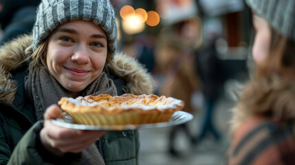 A girl is holding a plate of pie and smiling