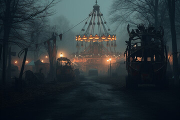 A spooky abandoned carnival with rusted rides made with generative AI