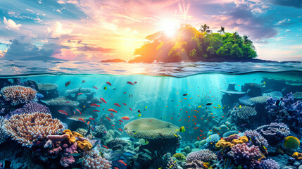 A coral reef stretches out in front of a small tropical island in the distance - obrazy, fototapety, plakaty