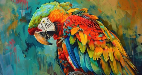 A parrot with vibrant feathers, perched and looking over its shoulder, detailed texture and color.