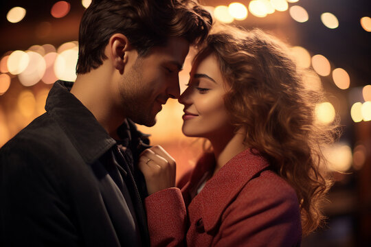 Generated AI image of cheerful happy couple enjoying time summer vacation in an amusement park