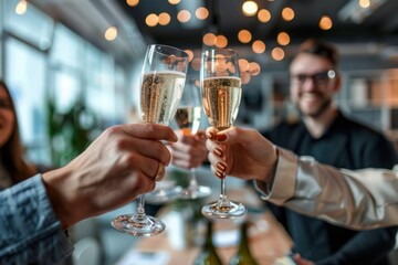 Bussiness People celebrating new year with champagne toast in modern office background