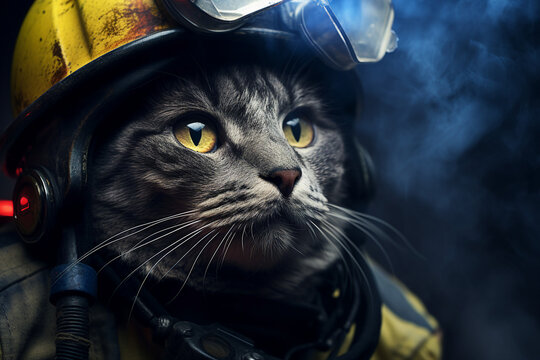 Generative AI image of rescue animal cat firefighter in helmet isolated on dark background