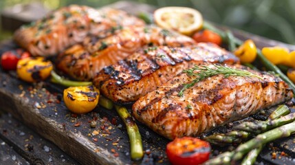Juicy grilled salmon fillets seasoned with herbs, served with roasted asparagus and bell peppers on a rustic wooden board. - obrazy, fototapety, plakaty