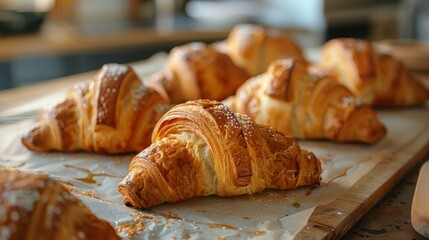 A plate of croissants with powdered sugar on top. The croissants are arranged in a row on a wooden cutting board - obrazy, fototapety, plakaty